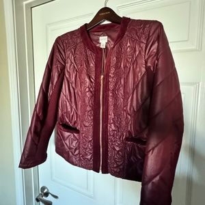 Burgundy Ladies Satin like quilted jacket trimmed with velvet